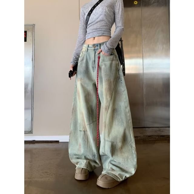 Wildfoea-Mid Waist Washed Baggy Jeans