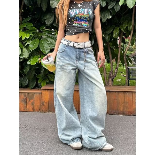 Wildfoea-Mid Waist Washed Baggy Jeans