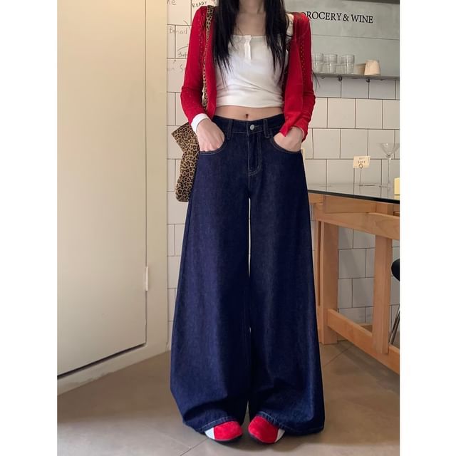 Wildfoea-Mid Waist Washed Baggy Jeans