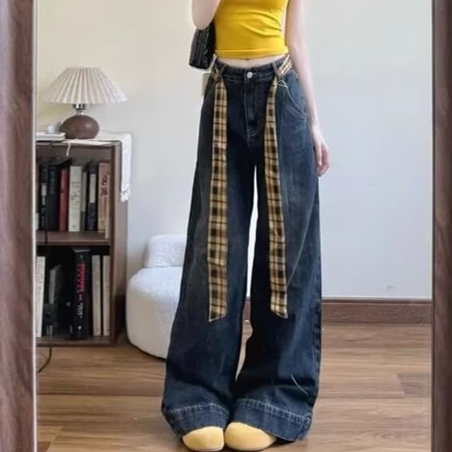 Wildfoea-Mid Waist Washed Baggy Jeans