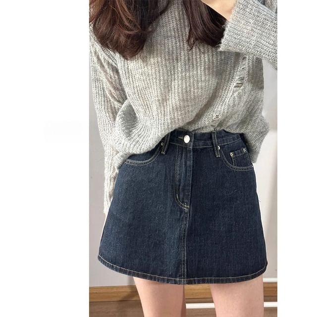 Wildfoea-Mid Waist Washed Denim Mini A-Line Skort