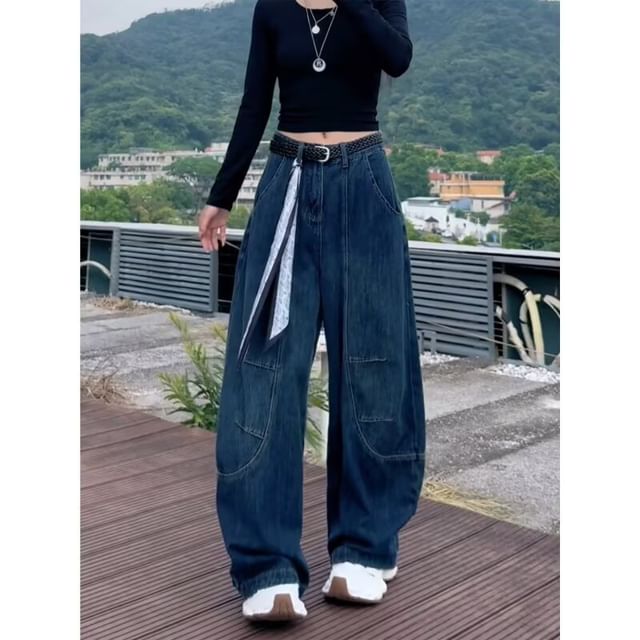 Wildfoea-Mid Waist Washed Panel Wide Leg Jeans