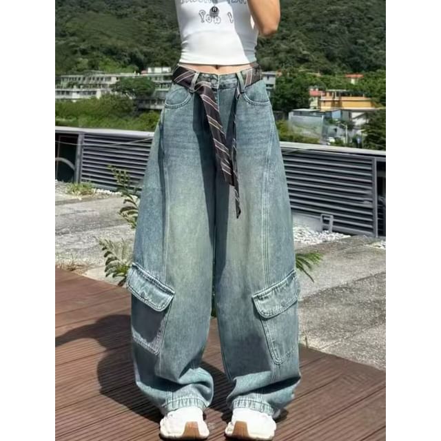 Wildfoea-Mid Waist Washed Wide Leg Cargo Jeans