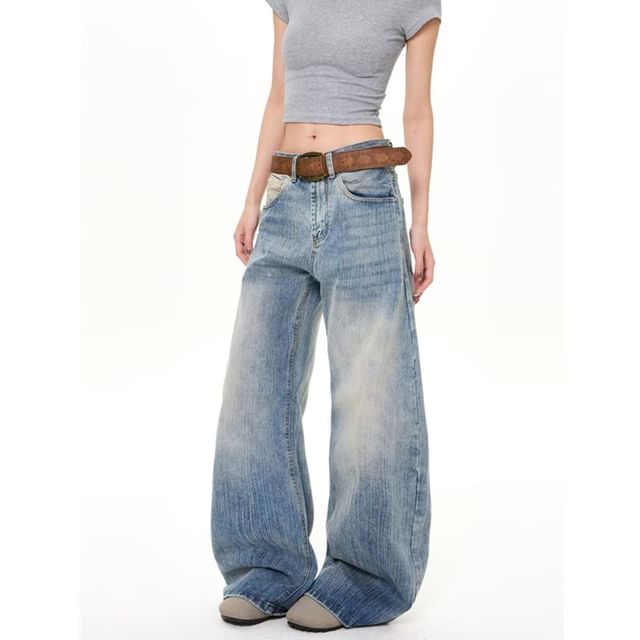 Wildfoea-Mid Waist Washed Wide Leg Jeans
