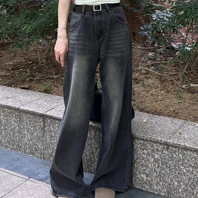 Wildfoea-Mid Waist Washed Wide Leg Jeans