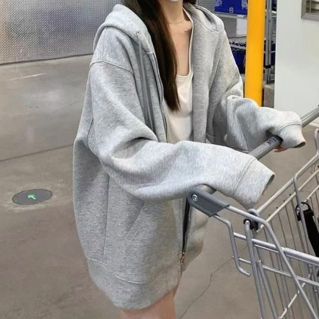 Wildfoea-Plain Zip Hoodie