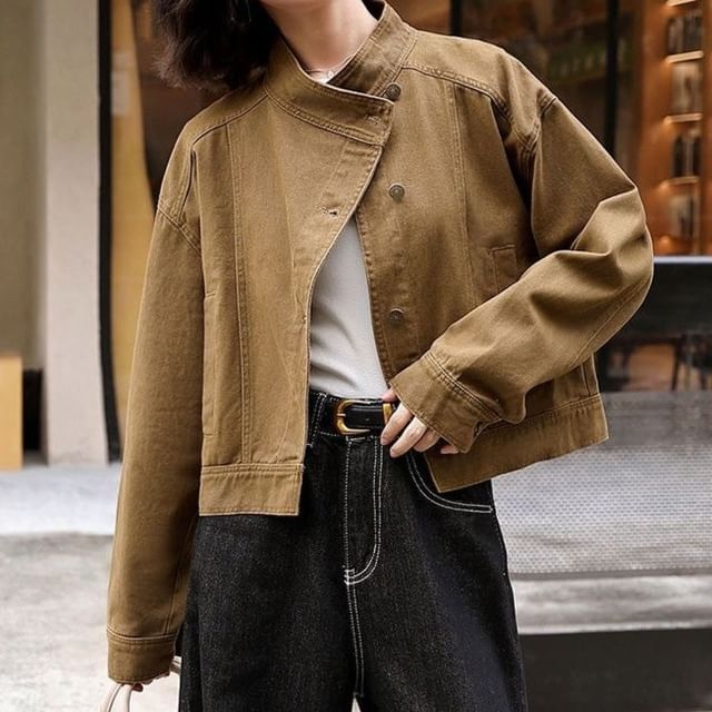 Wildfoea-Stand Collar Plain Button Denim Jacket