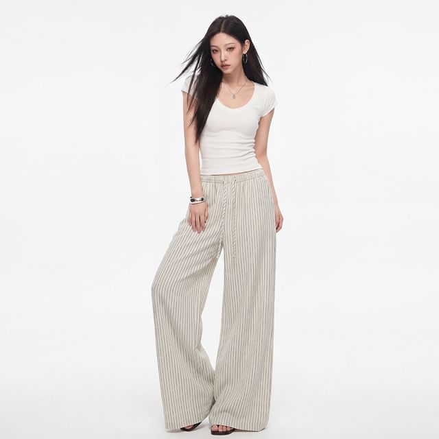 Windflower-Drawstring Linen Striped Wide-Leg Pants