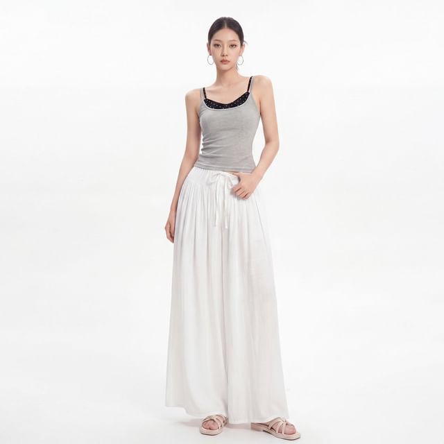 Windflower-Drawstring Plain Pleated Maxi Skirt Pants