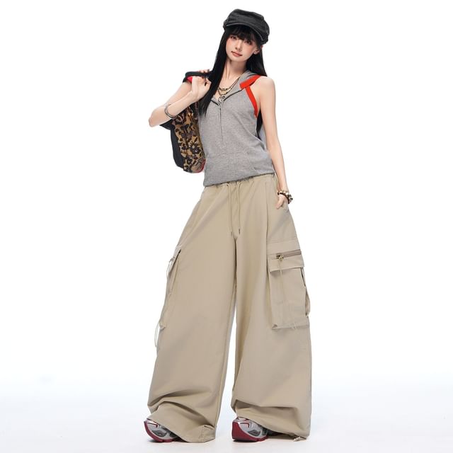 Windflower-Drawstring Waist Plain Pocket Wide Leg Cargo Pants