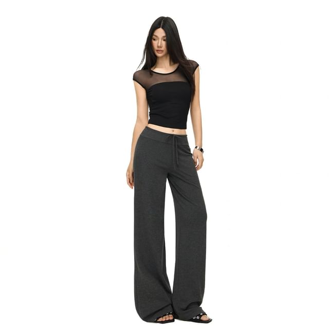 Windflower-Drawstring Waist Plain Straight Leg Sweatpants