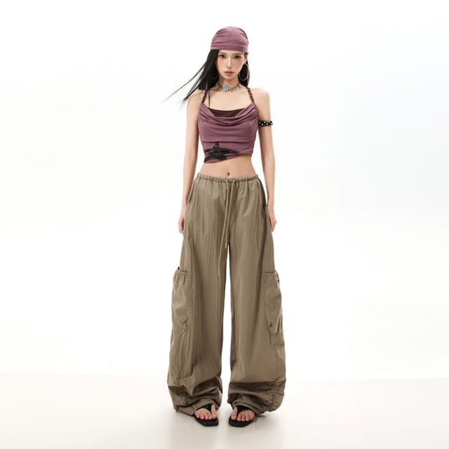 Windflower-Drawstring Waist Plain Wide Leg Cargo Pants