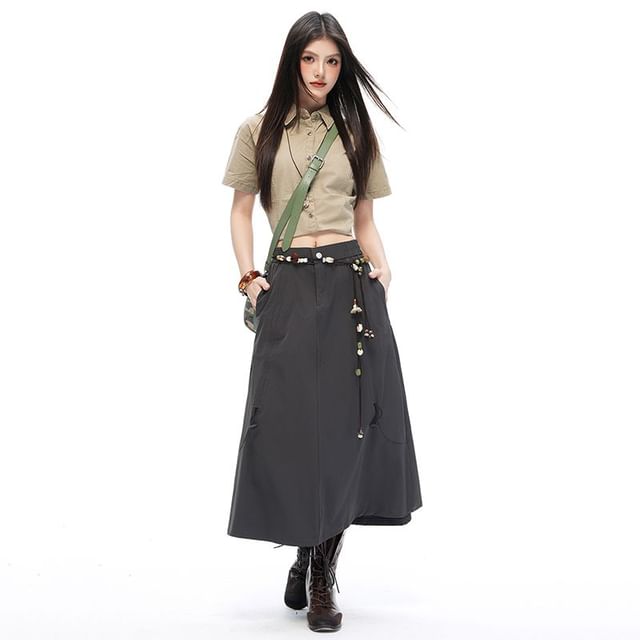 Windflower-Elastic Waist Plain Drawstring Cargo Midi skirt