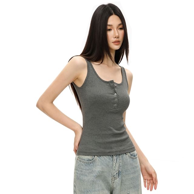 Windflower-Henley Collar Sleeveless Plain Ribbed Top