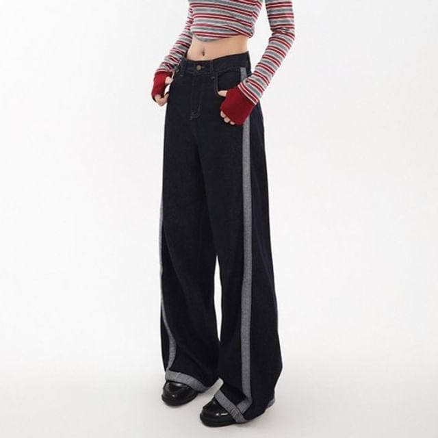 Windflower-High-Waist Patchwork Two Tone Straight Leg Jeans