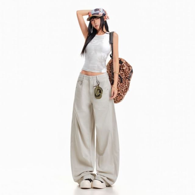 Windflower-Mid Rise Plain Barrel Leg Pants