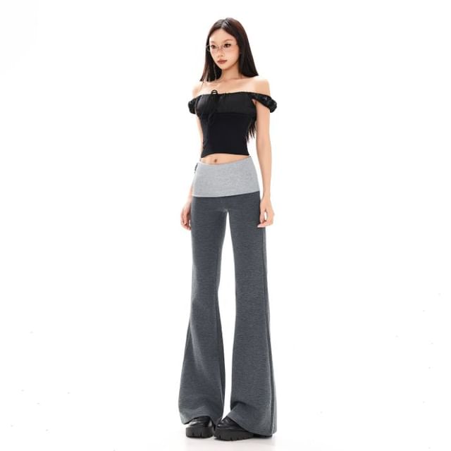 Windflower-Mid Rise Two Tone Panel Flared Yoga Pants