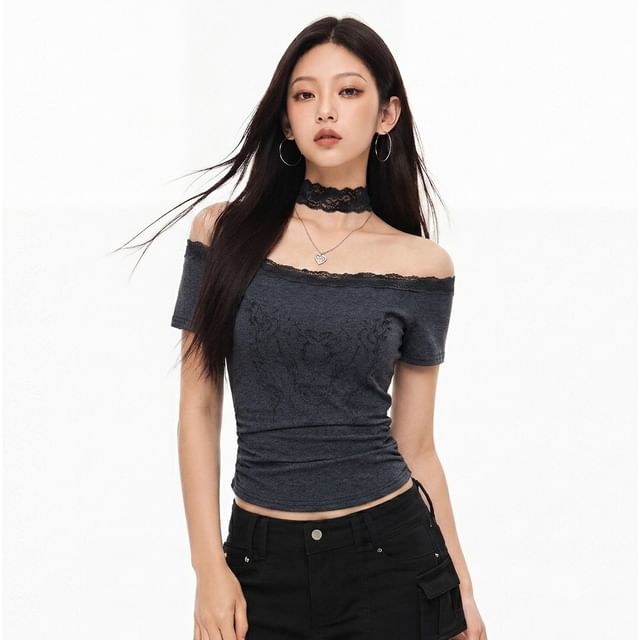 Windflower-Off Shoulder Lace Trim Plain Slim Top