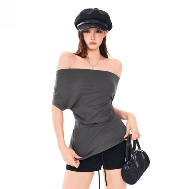 Windflower-One Shoulder Plain Short Sleeve Top