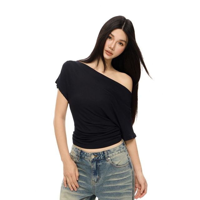 Windflower-Plain Off Shoulder Short Sleeve Top