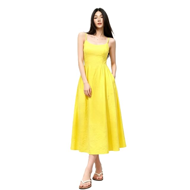 Windflower-Spaghetti Strap Pleated A-line Maxi Dress