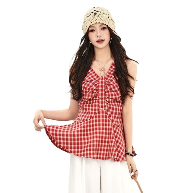 Windflower-V-Neck Sleevless Plaid Blouse