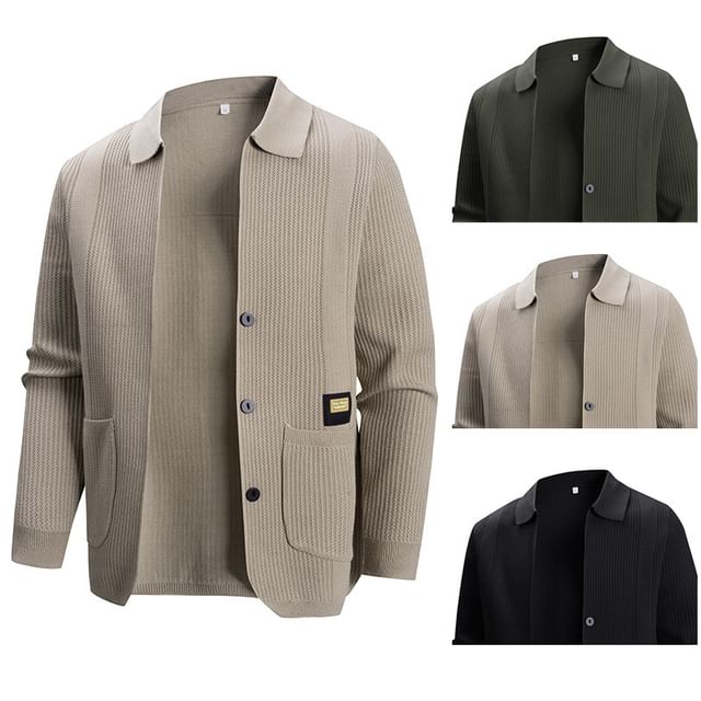 Wolfkane-Collar Plain Pocket Detail Ribbed Cardigan