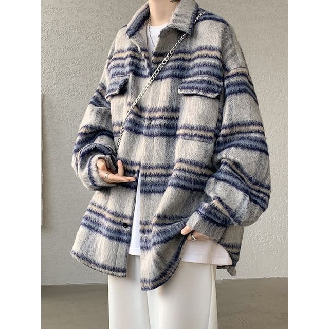 Wolfkane-Collared Striped Button-Up Shacket