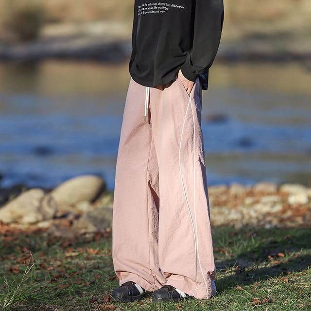 Wolfkane-Drawstring Waist Contrast Trim Panel Straight Leg Pants