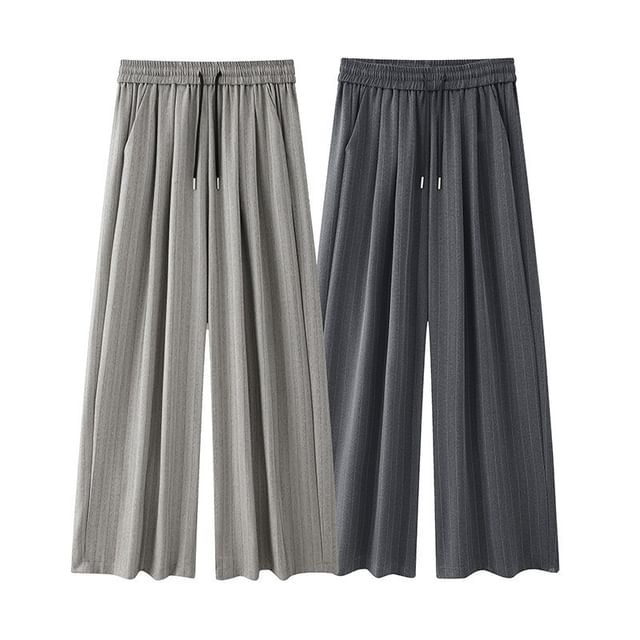 Wolfkane-Drawstring Waist Pinstriped Wide Leg Pants