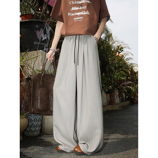 Wolfkane-Drawstring Waist Pinstriped Wide Leg Pants