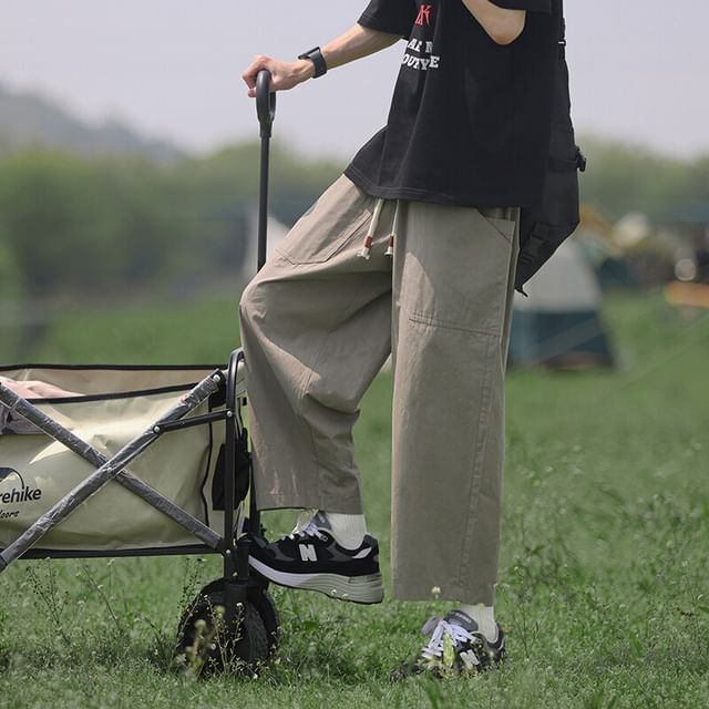 Wolfkane-Drawstring Waist Plain Cropped Straight Leg Cargo Pants