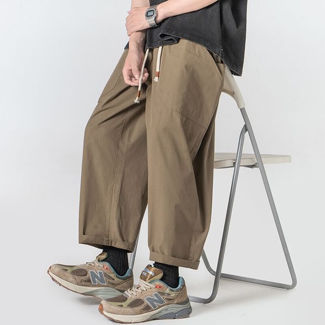 Wolfkane-Drawstring Waist Plain Cropped Straight Leg Pants