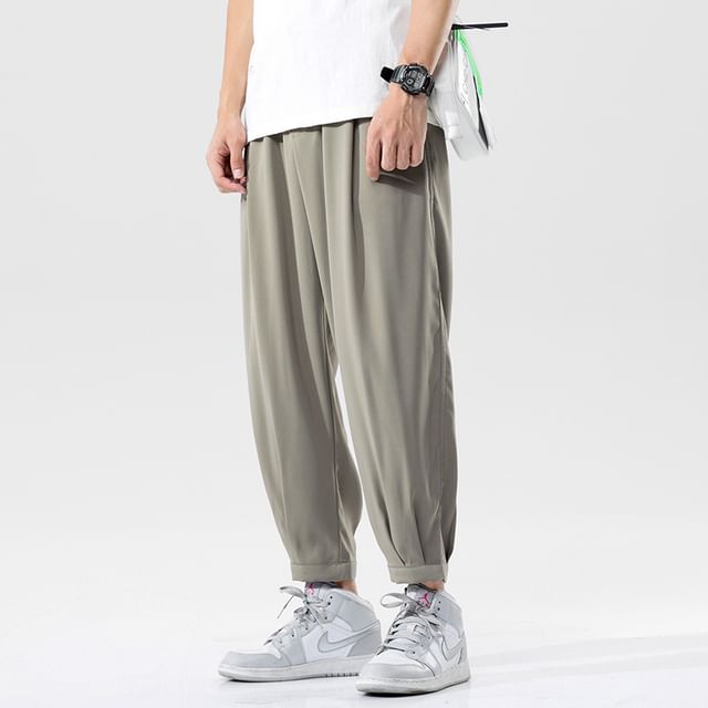 Wolfkane-Drawstring Waist Plain Cropped Tapered Pants