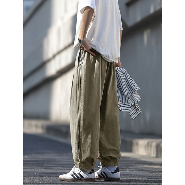Wolfkane-Drawstring Waist Plain Pleated Cropped Barrel Leg Pants
