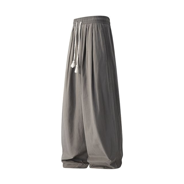 Wolfkane-Drawstring Waist Plain Pleated Cropped Barrel Leg Pants