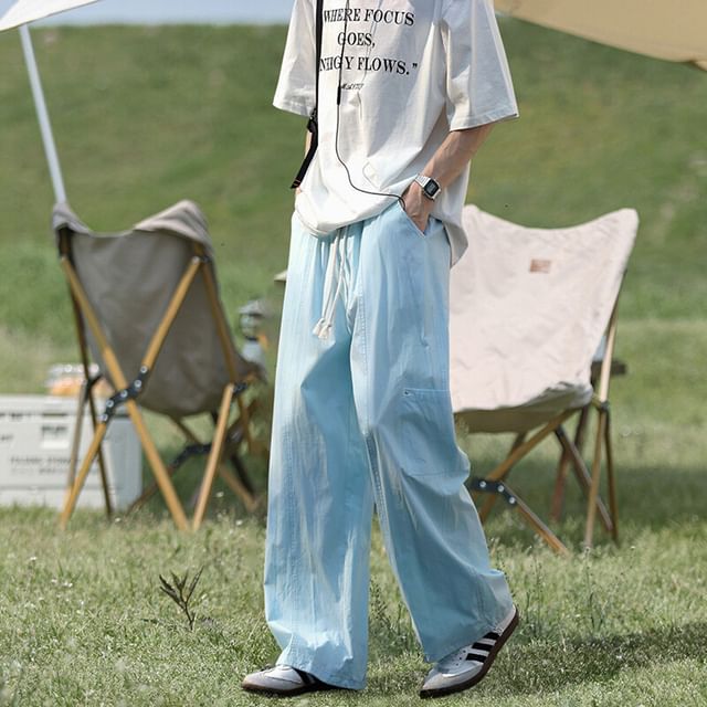 Wolfkane-Drawstring Waist Plain Straight Leg Cargo Pants