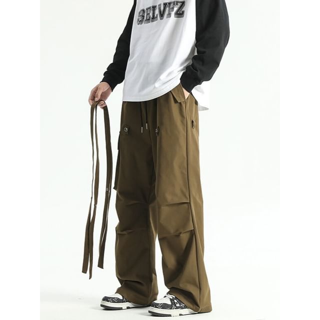 Wolfkane-Drawstring Waist Plain Straight Leg Cargo Pants
