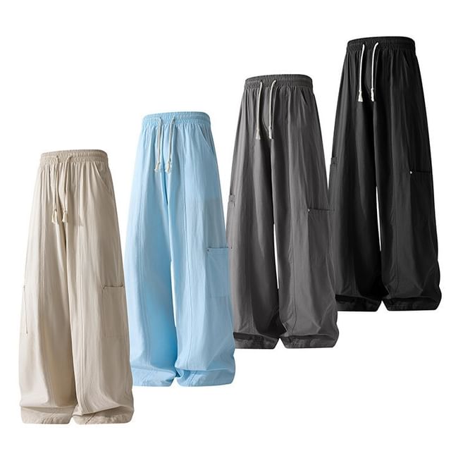 Wolfkane-Drawstring Waist Plain Straight Leg Cargo Pants