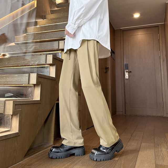 Wolfkane-Drawstring Waist Plain Straight Leg Pants