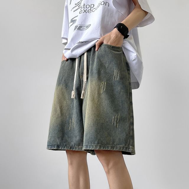 Wolfkane-Drawstring Waist Washed Distressed Denim Shorts