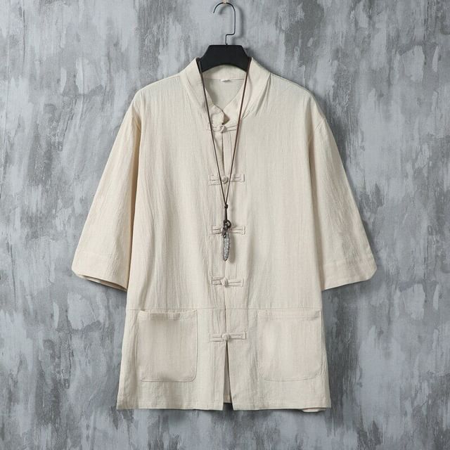 Wolfkane-Elbow Sleeve Mandarin Collar Plain Frog Closure Shirt