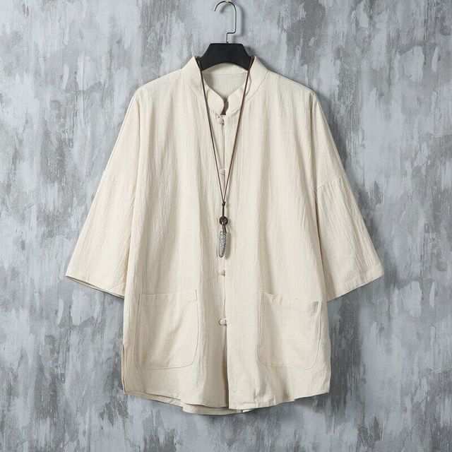 Wolfkane-Elbow Sleeve Mandarin Collar Plain Shirt