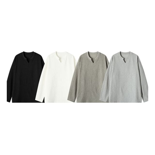 Wolfkane-Long-Sleeve Notch Neck Plain T-Shirt