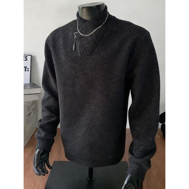 Wolfkane-Mock Neck Asymmetrical Ribbed Plain Sweatshirt