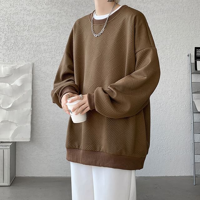 Wolfkane-Puff-Sleeve Crew Neck Plain Textured Oversized Sweatshirt