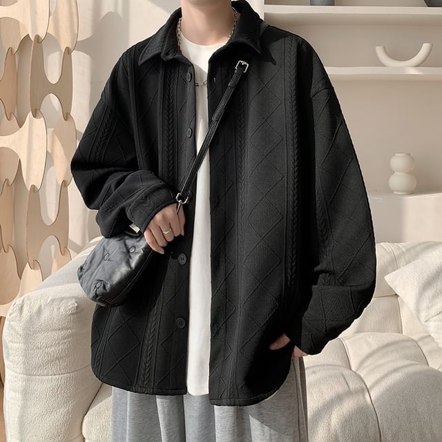 Wolfkane-Puff-Sleeve Plain Textured Oversized Shacket