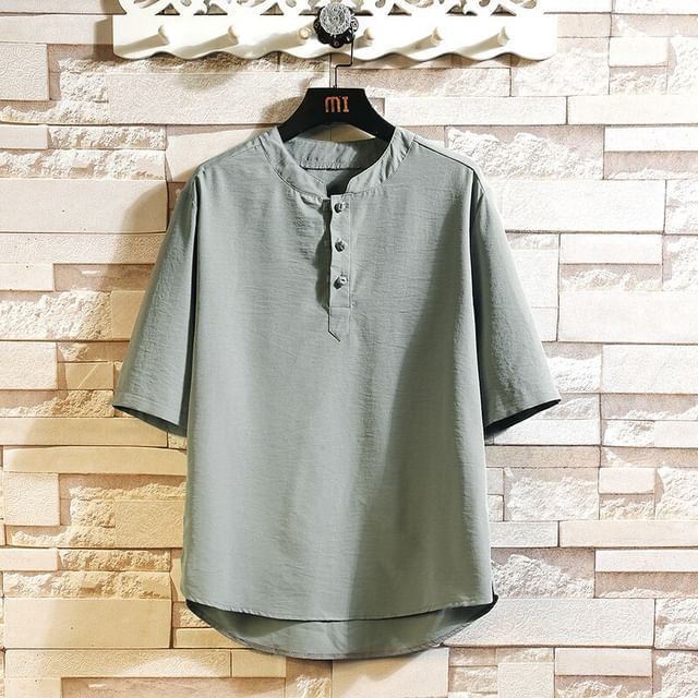 Wolfkane-Short Sleeve Band Collar Plain Button Top