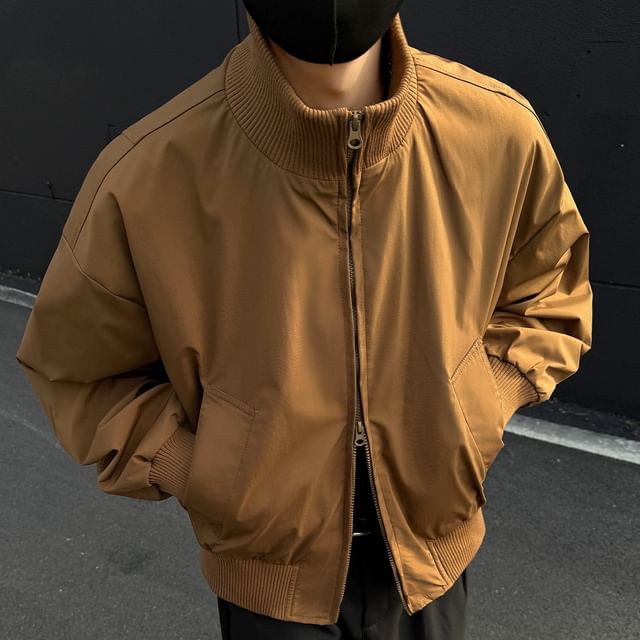 Wolfkane-Stand Collar Plain Zip Bomber Jacket