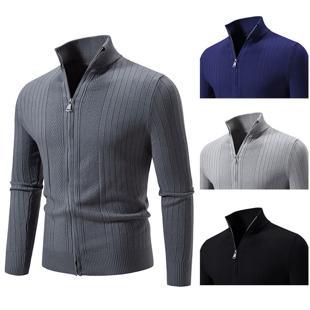 Wolfkane-Stand Collar Plain Zip Cardigan